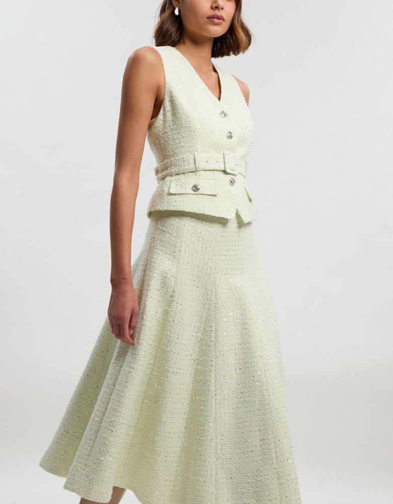 Boucle Tailored Sleeveless Satin Mix Full Skirted Midi Dress