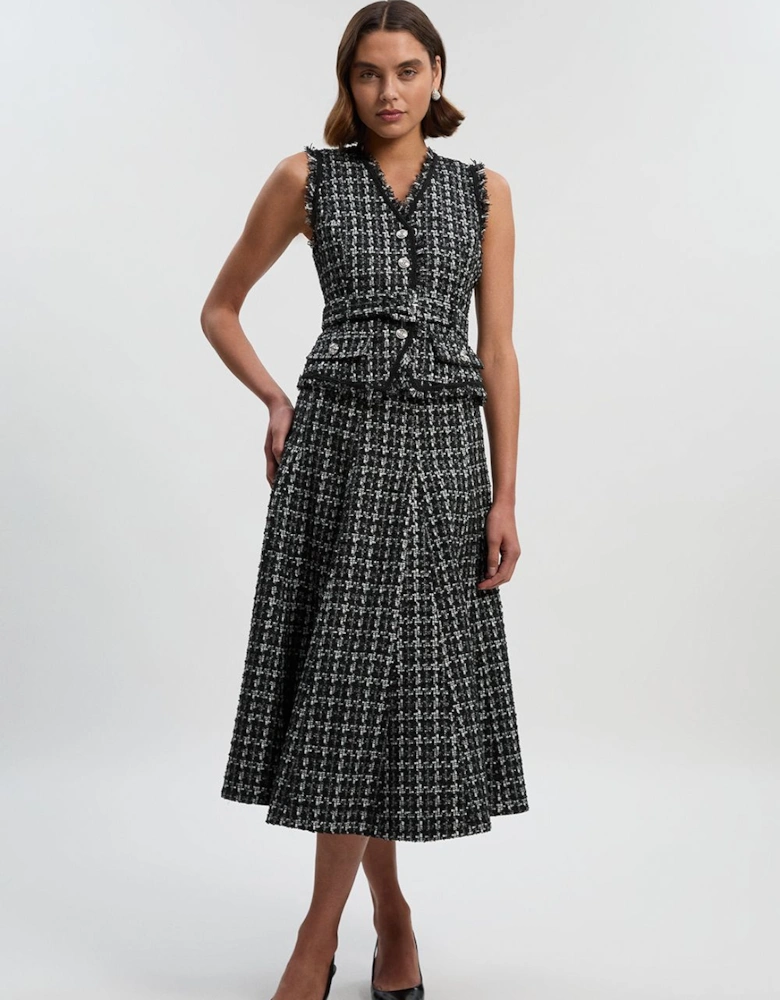 Boucle Tailored Sleeveless Satin Mix Full Skirted Midi Dress