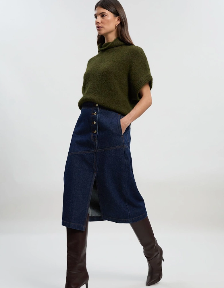 Denim Asymmetric Button Front A line Skirt