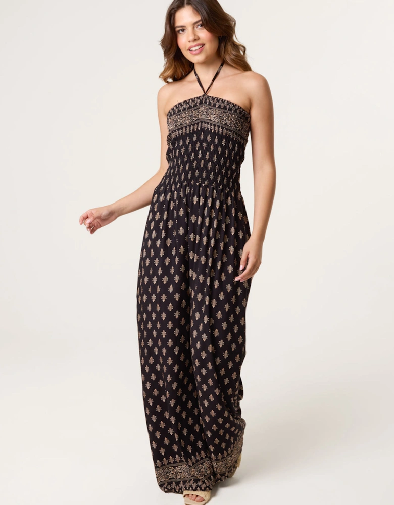 Black Shirred Wide Leg Border Print Jumpsuit