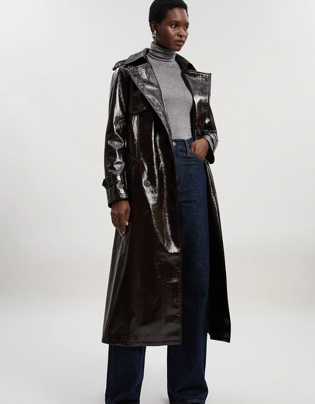 High Shine Faux Leather Trench Coat, 2 of 1