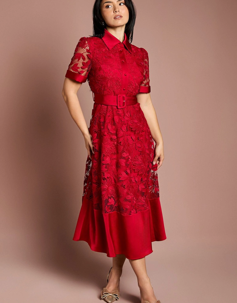 Petite Satin Trim Lace Shirt Midi Dress