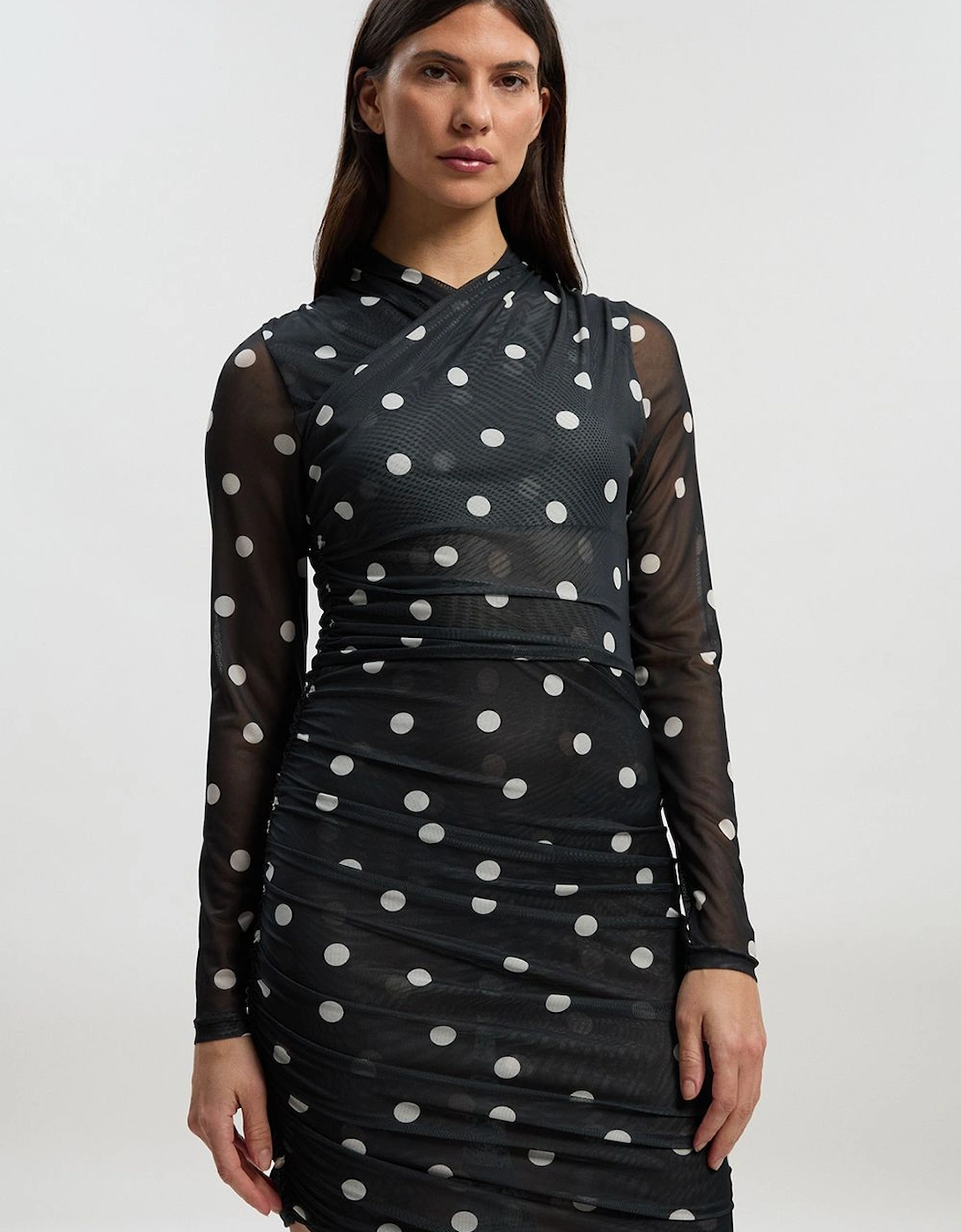 Polka Dot Mesh Ruched Long Sleeve Mini Dress, 2 of 1
