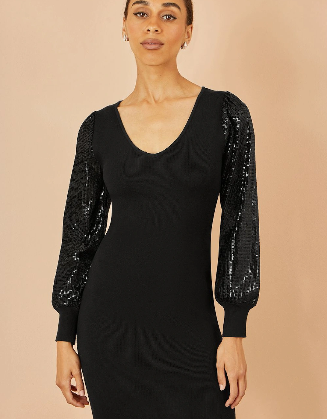 Black Knitted Fitted Dress With Sequin Sleeves, 2 of 1