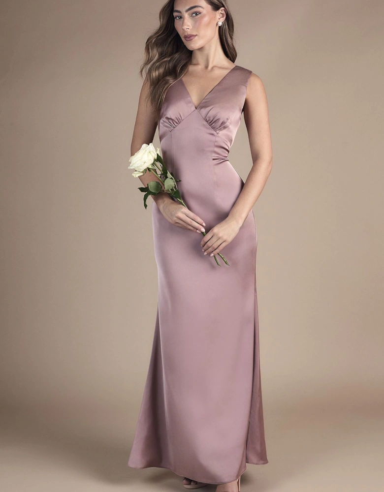 Bow Back V Neck Satin Bridesmaid Dress