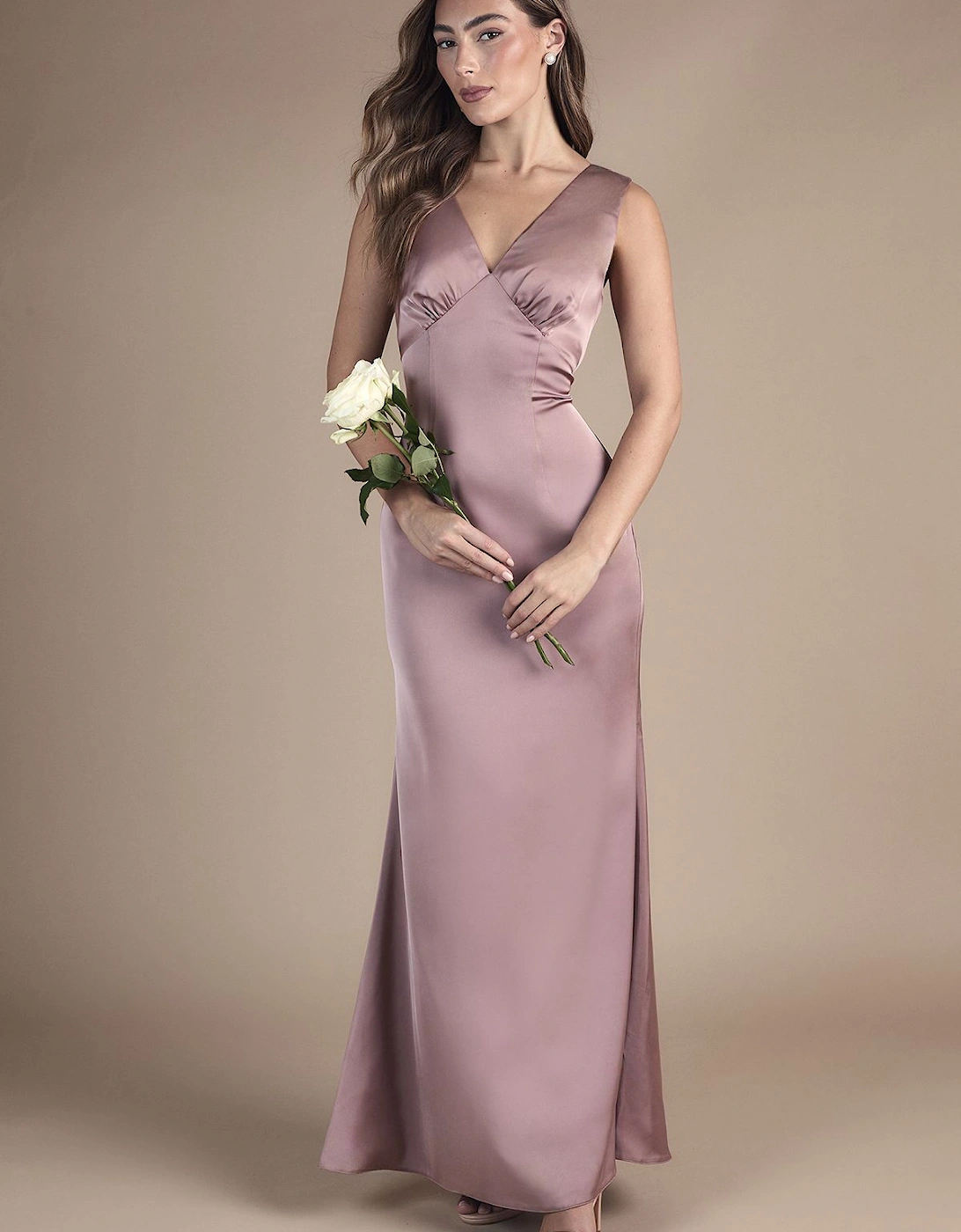 Bow Back V Neck Satin Bridesmaid Dress, 2 of 1