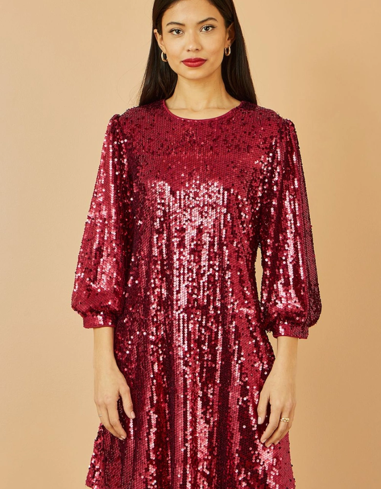 Burgundy Sequin Tunic Dress With Balloon Sleeves