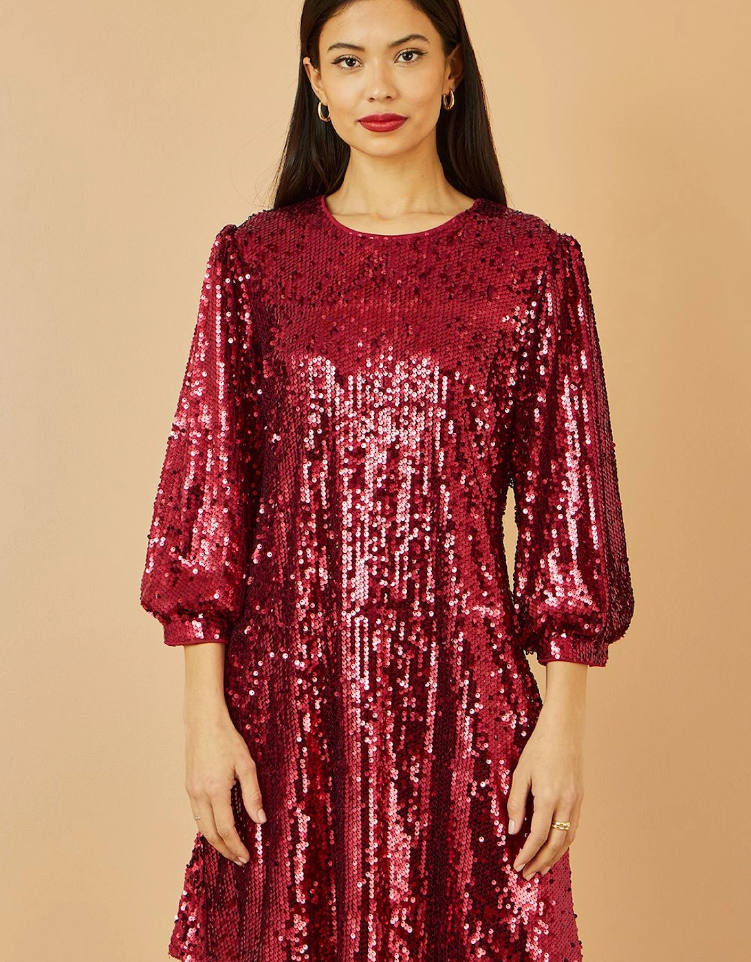 Burgundy Sequin Tunic Dress With Balloon Sleeves, 2 of 1