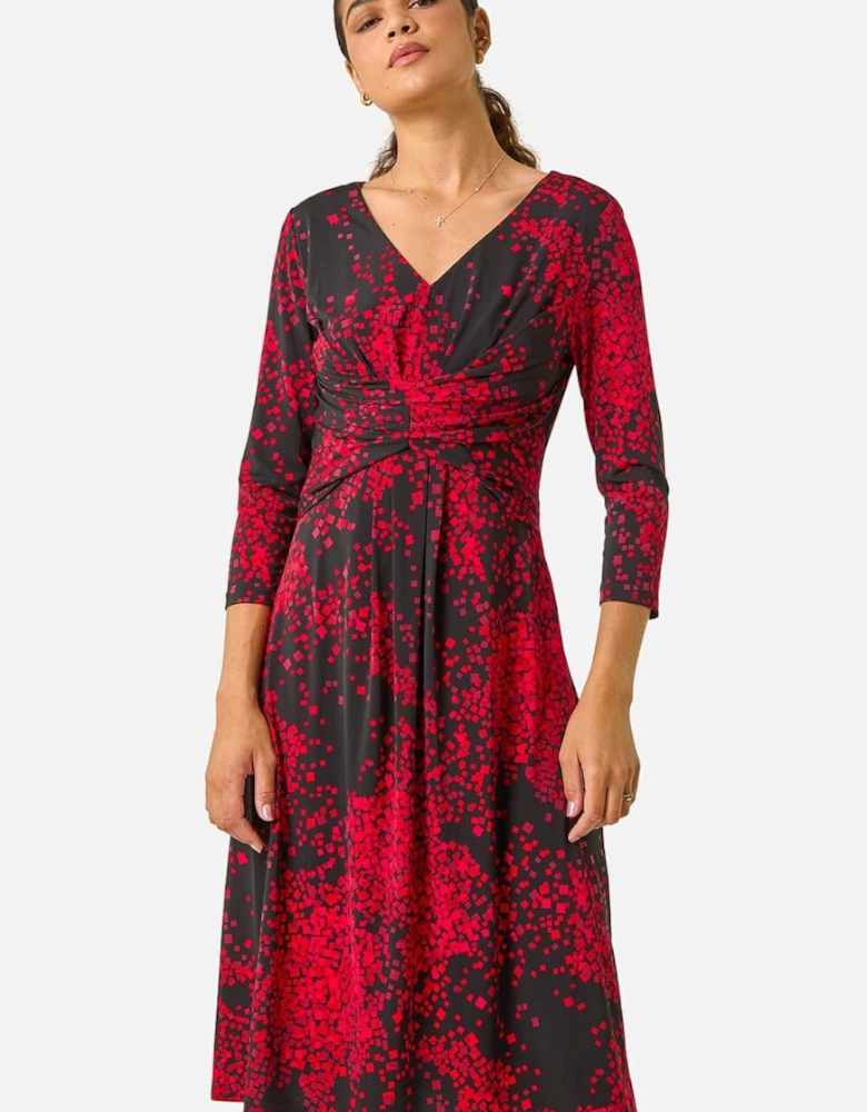 Abstract Print Ruched Stretch Midi Dress