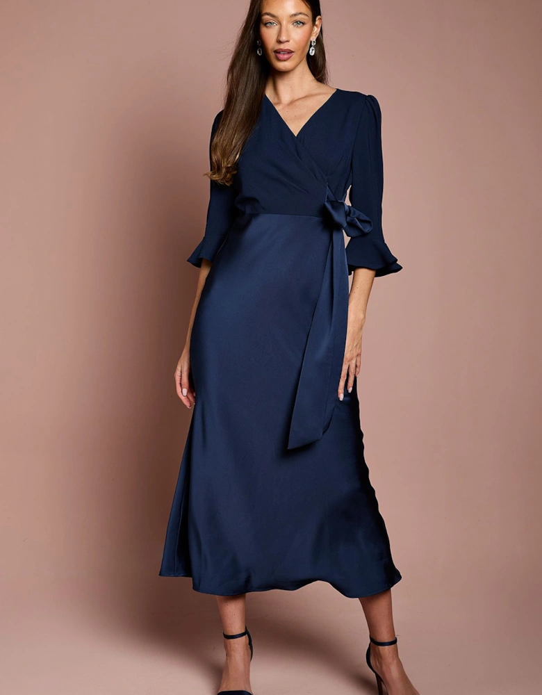 Ruffle Sleeve Satin Back Crepe Wrap Dress