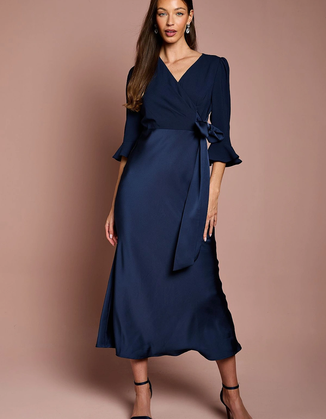 Ruffle Sleeve Satin Back Crepe Wrap Dress, 2 of 1