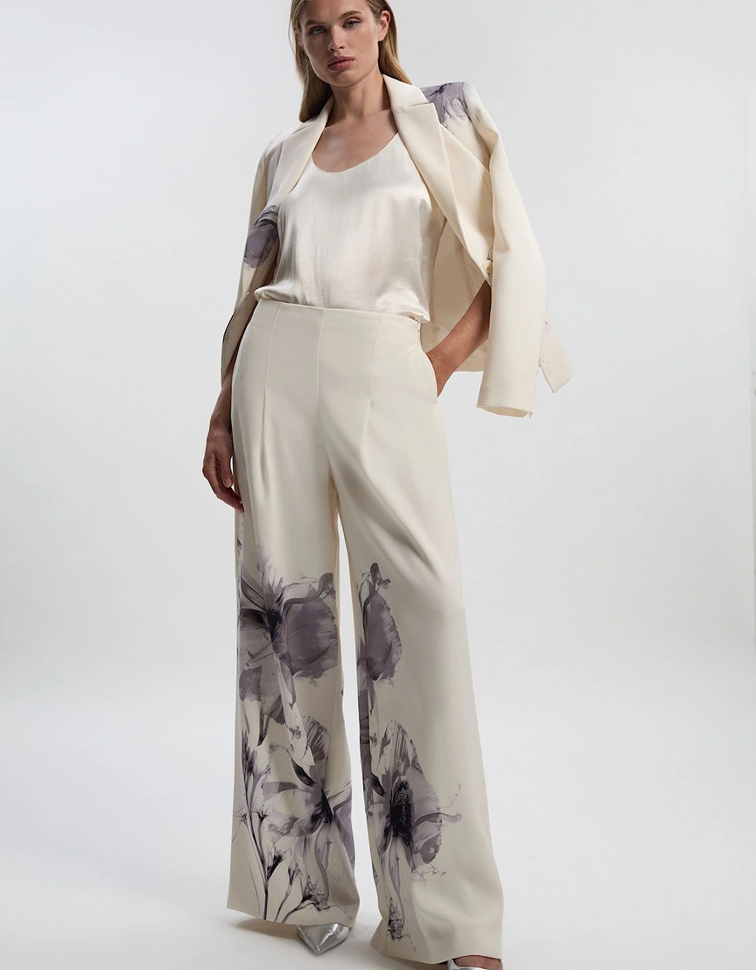 Floral Placement Print Tailored Crepe Pleat Detail Wide Leg Trousers, 2 of 1