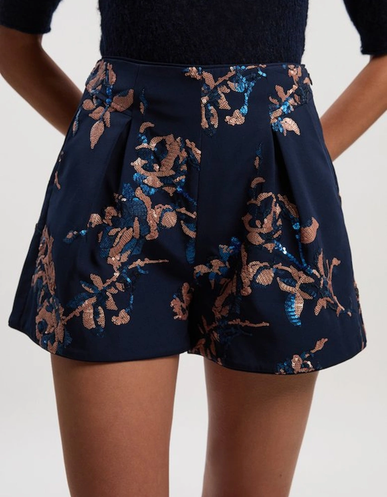 Satin Sequin And Embroidered Woven Shorts