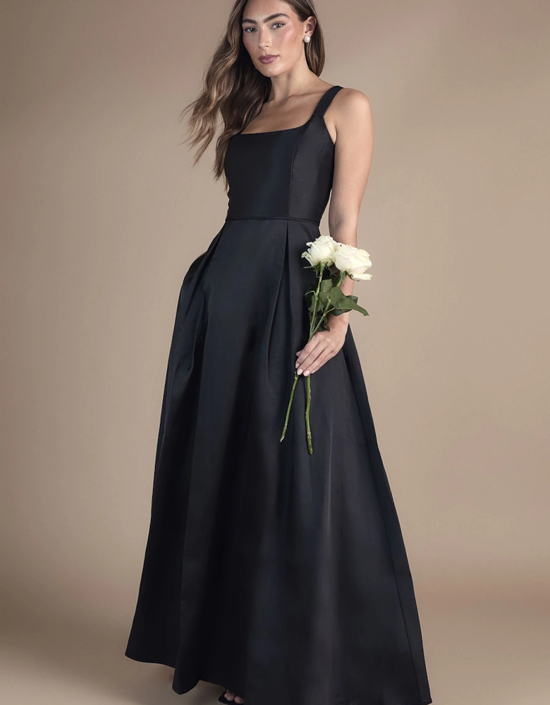 Scoop Neck Full Skirted Twill Bridesmaid Dress