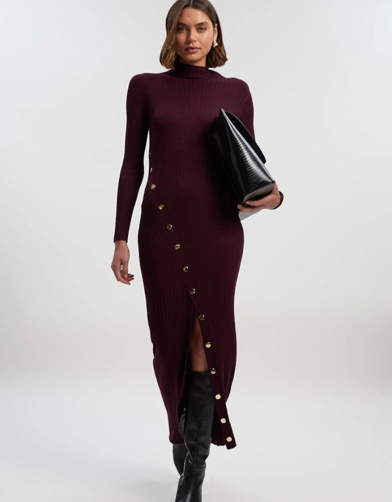 Viscose Blend Popper Detail Split Knit Midi Dress