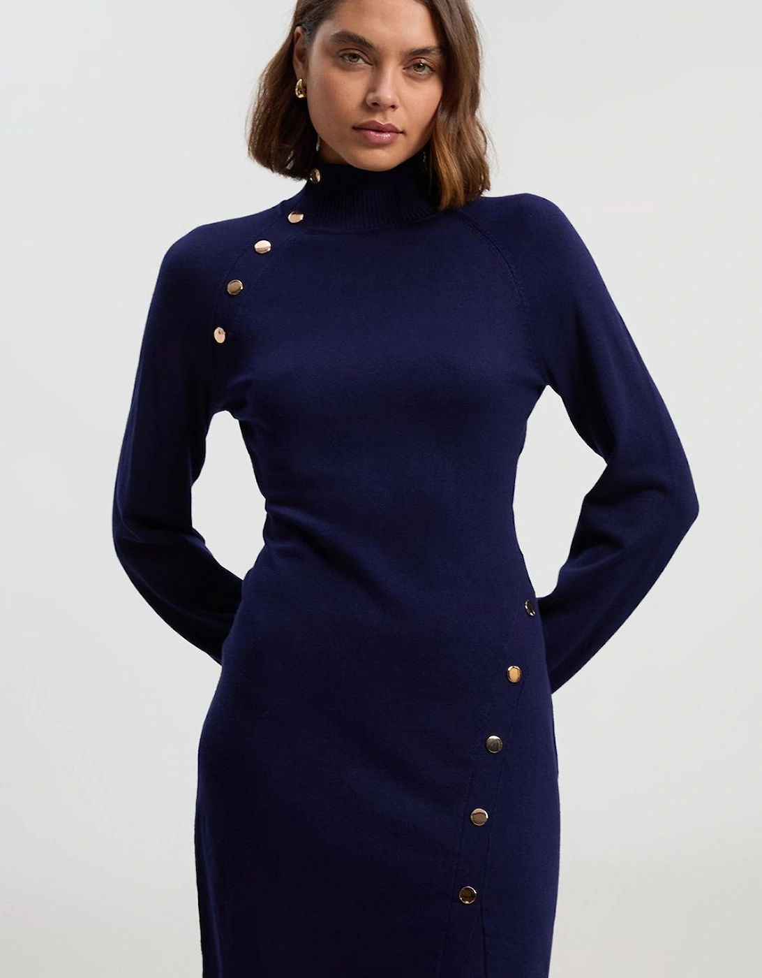 Viscose Blend Popper Detail Knitted Mini Dress, 2 of 1