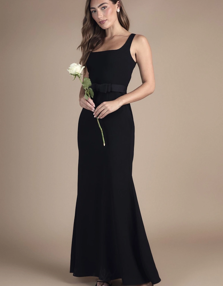 Square Neck Bow Detail Crepe Maxi Bridesmaid Dress
