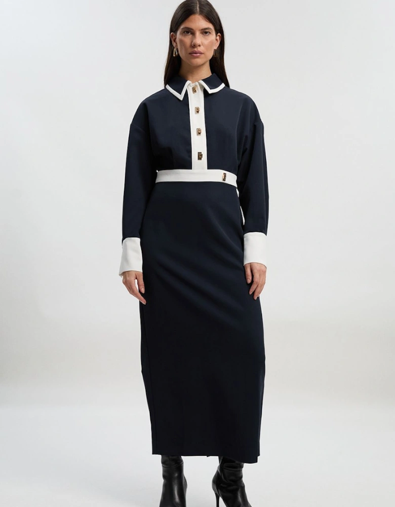 Twill Contrast Hardware Woven Midi Dress