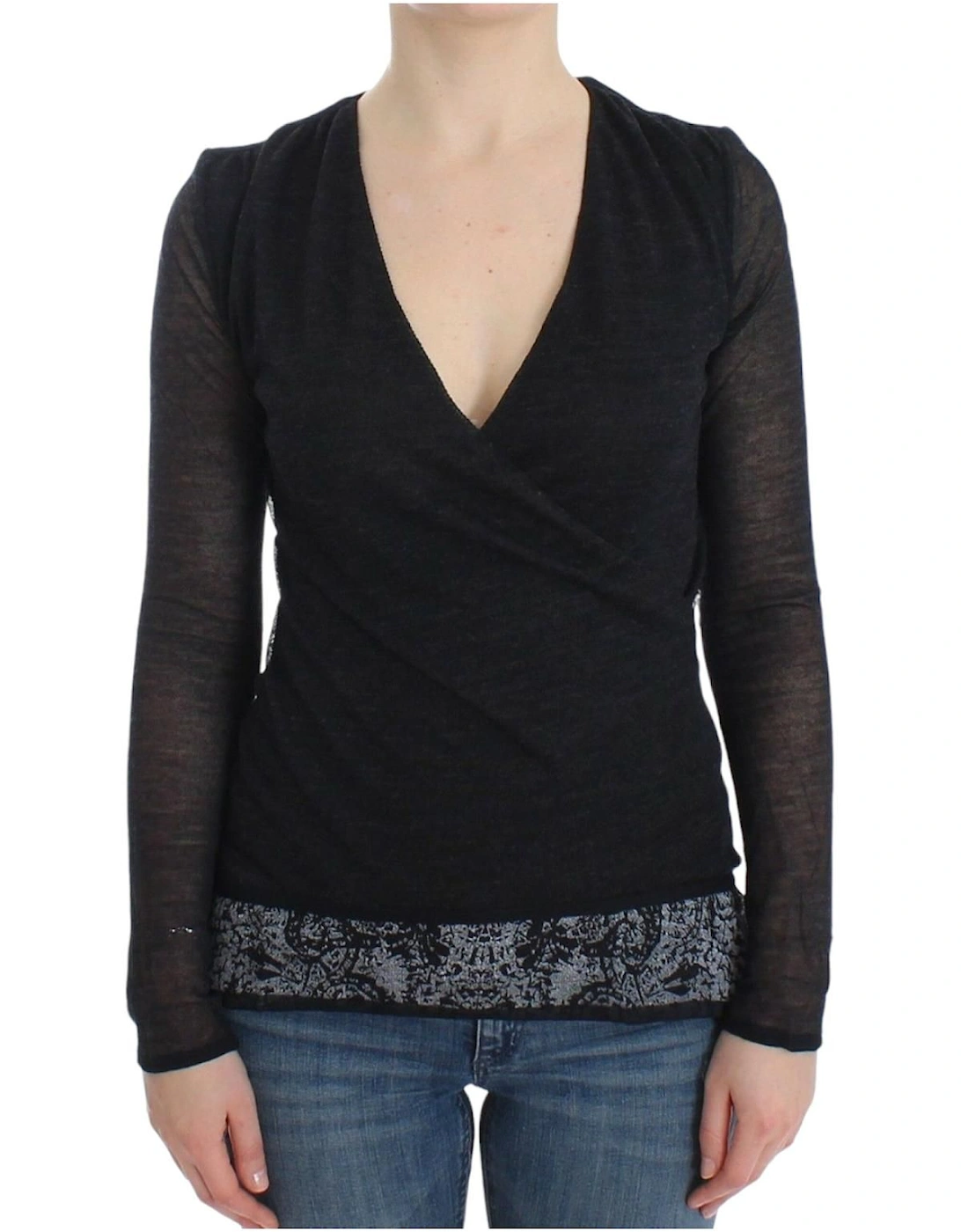 VNeck Knit Top Long Sleeve  - Black Sweaters, 2 of 1