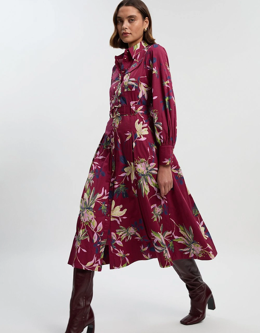 Floral Print Cotton Sateen Woven Midi Shirt Dress, 2 of 1