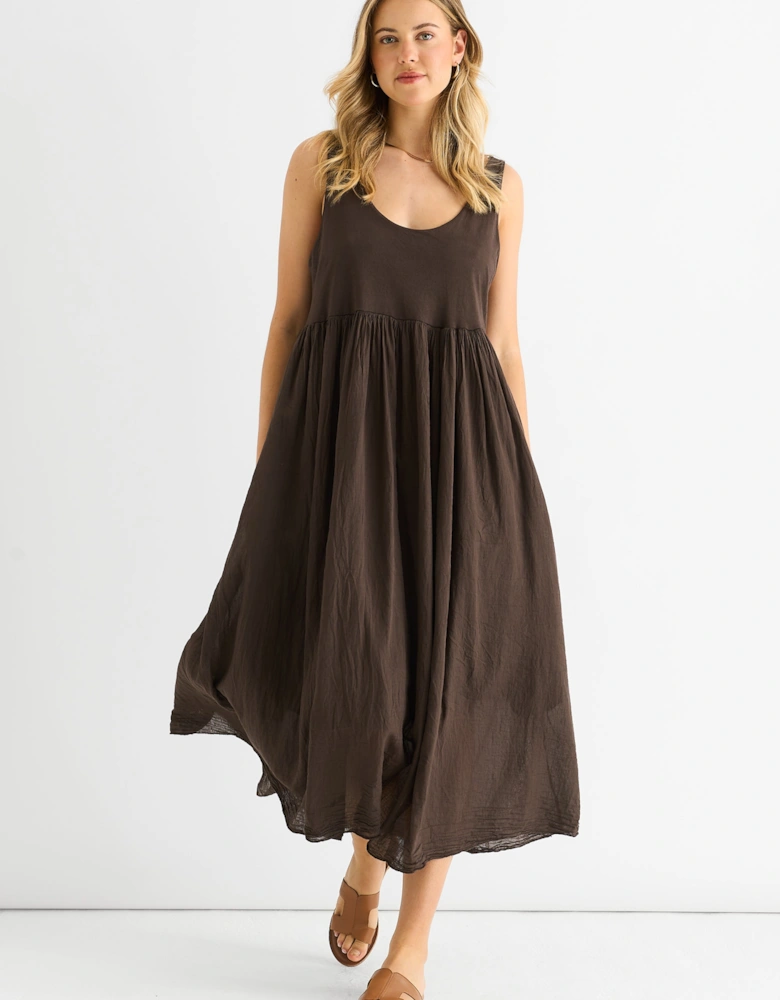 Chocolate Scoop Neck Jersey Cotton Midi Dress