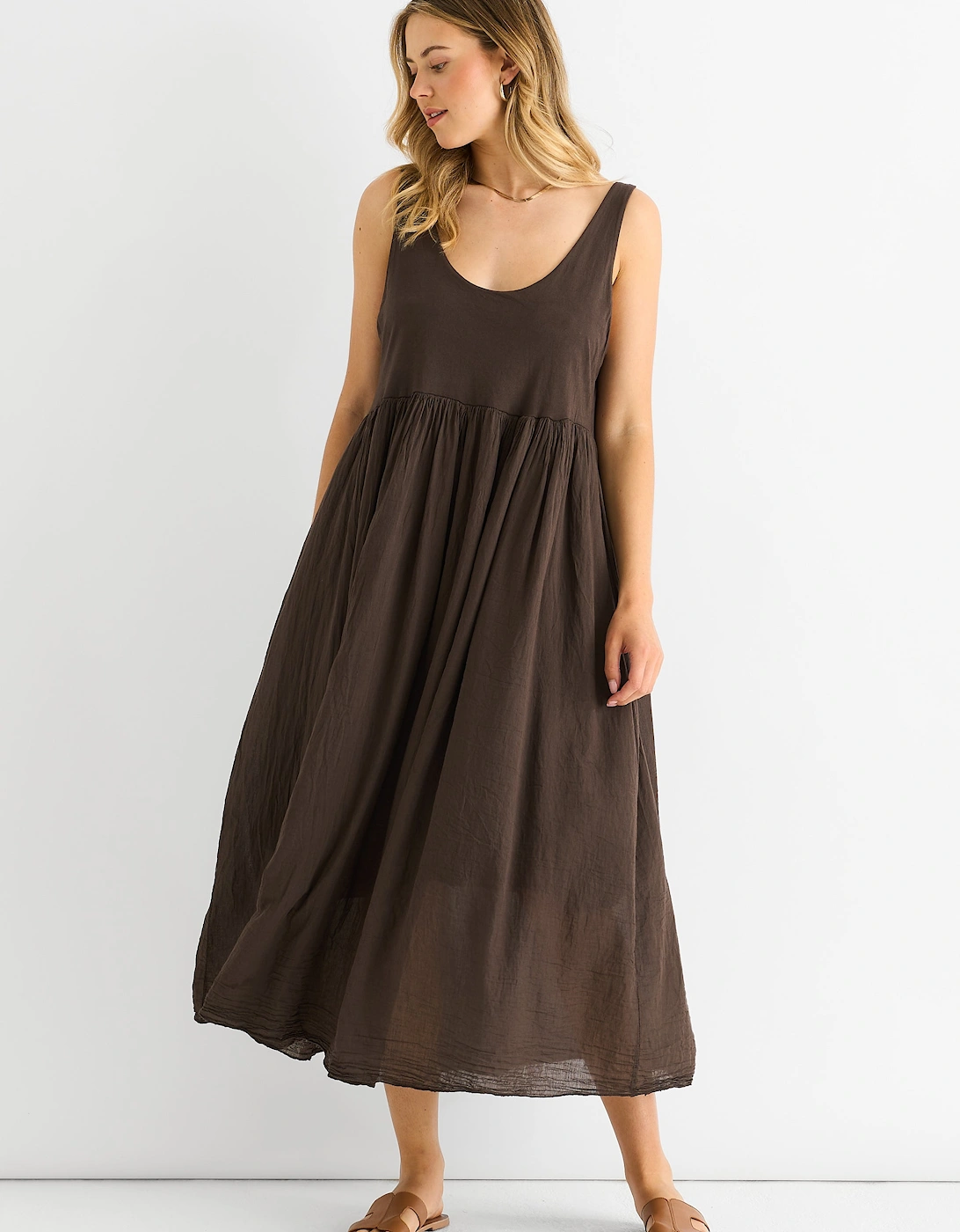 Chocolate Scoop Neck Jersey Cotton Midi Dress