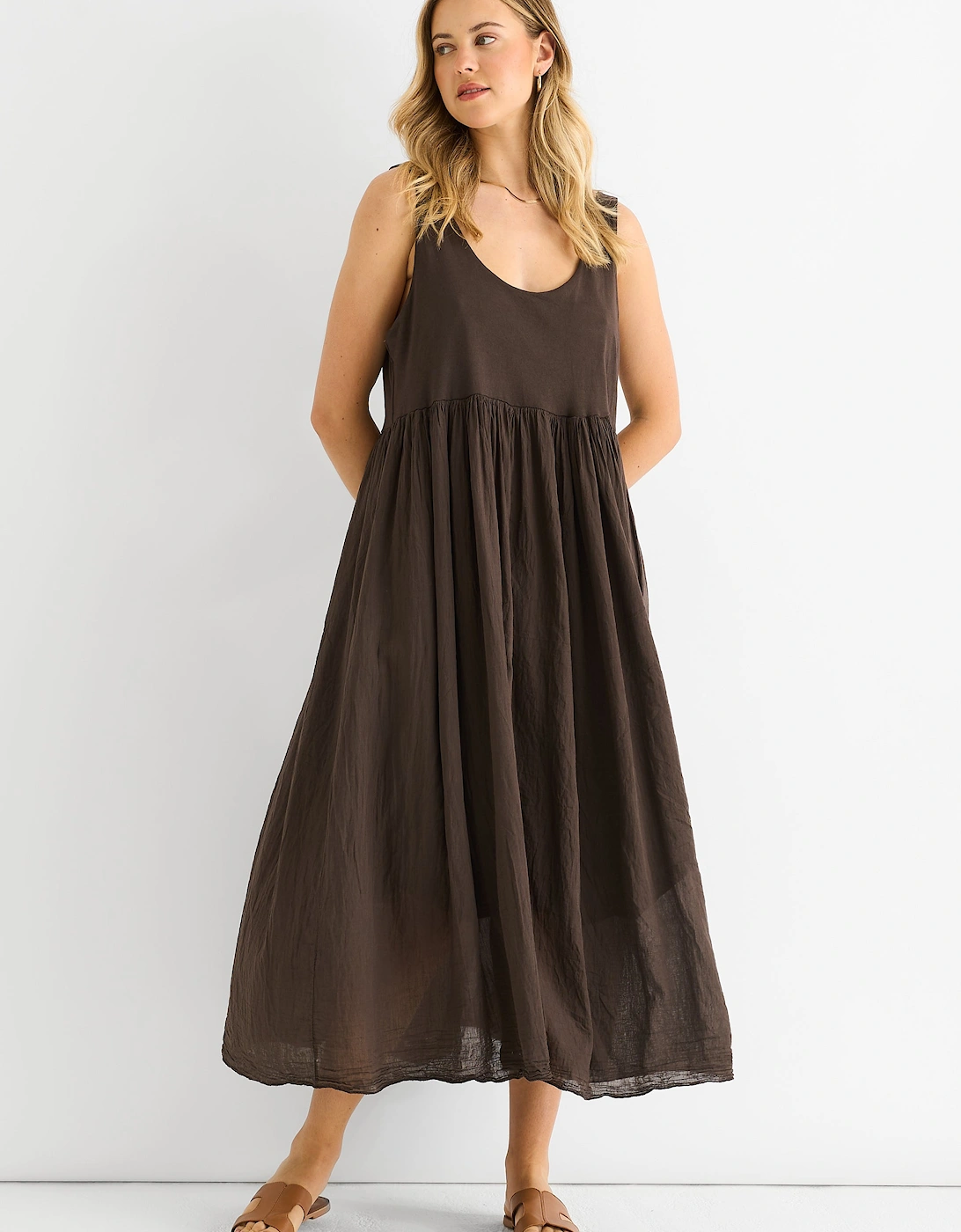 Chocolate Scoop Neck Jersey Cotton Midi Dress