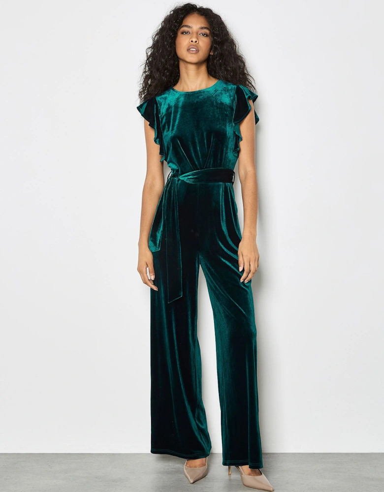Wide Leg Velvet Ruffle Jumpsuit