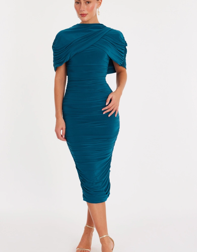 Teal Ruched Cape Midaxi Dress