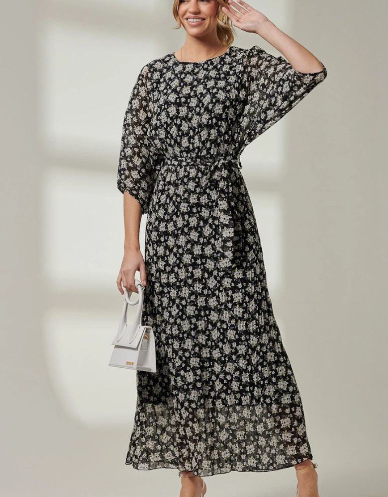 Chiffon Pleated Batwing Sleeve Maxi Dres