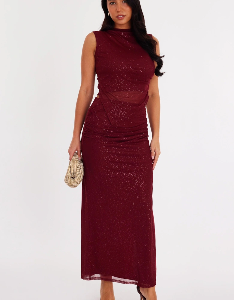 Burgundy Glitter Mesh Maxi Skirt
