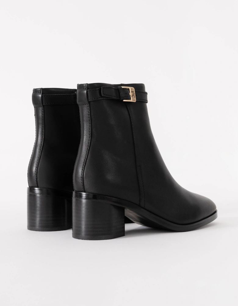 Womens Buckle Leather Mid-Heel Booties - Black