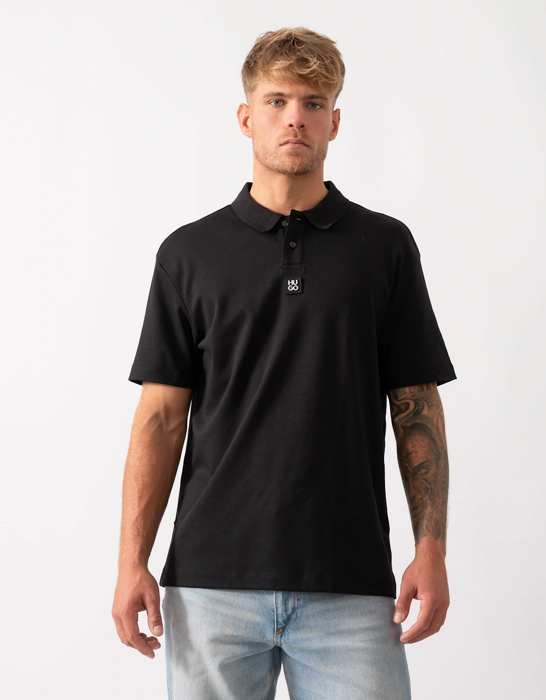 HUGO Deabono Mens Interlock Cotton Polo Shirt with Stacked Logo - Black 002, 5 of 4