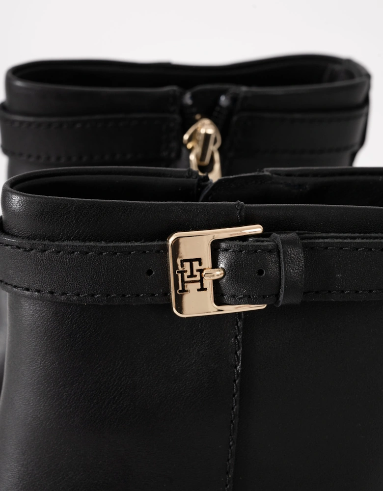 Womens Buckle Leather Mid-Heel Booties - Black