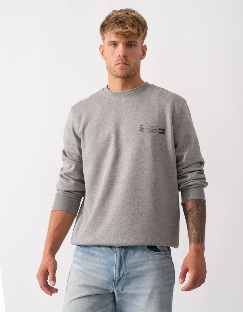 Small Crest Outline Mens Crew Sweatshirt - Medium Grey Heather
