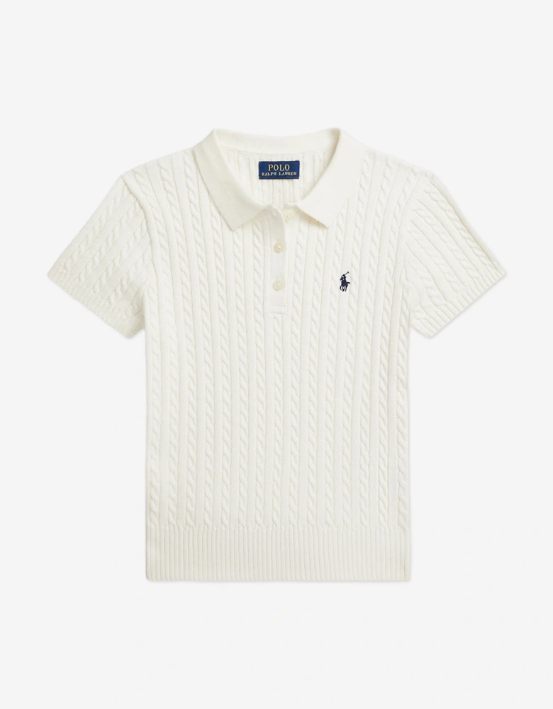 Girls Mini Cable Knit Polo Shirt in White
