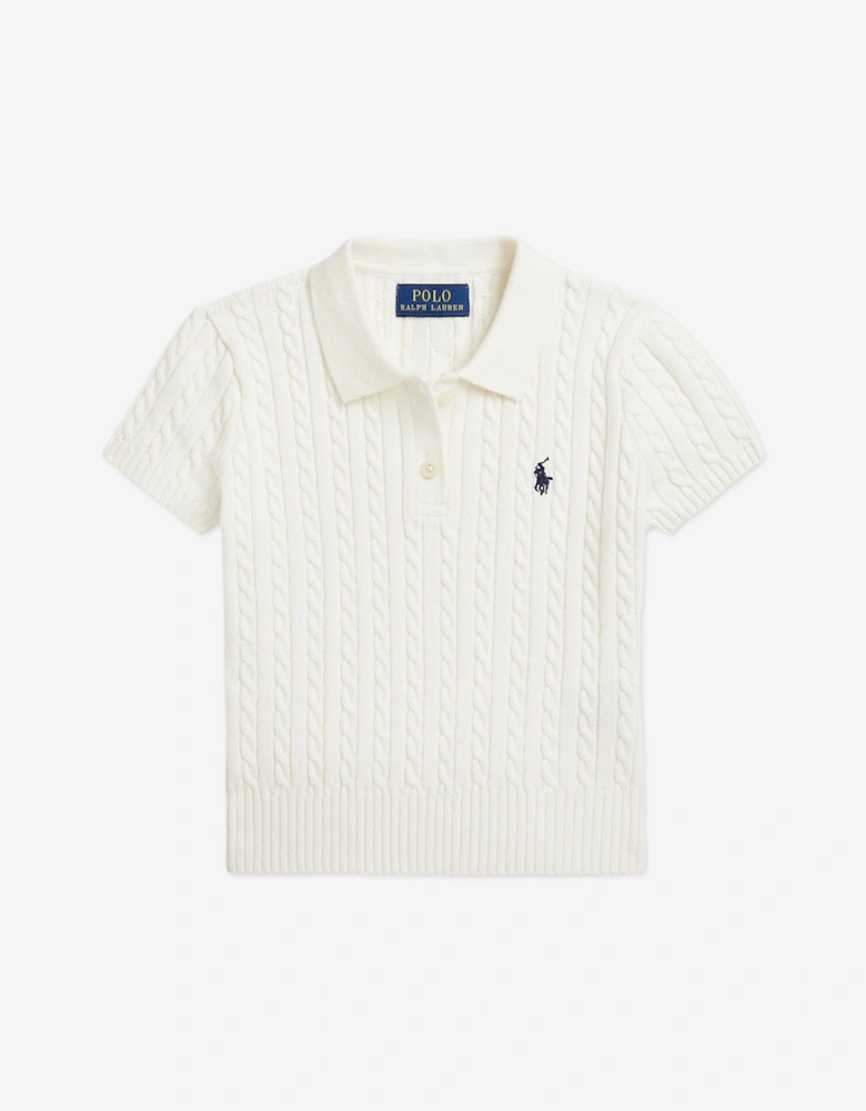 Girls Cable Knit Polo Shirt in White