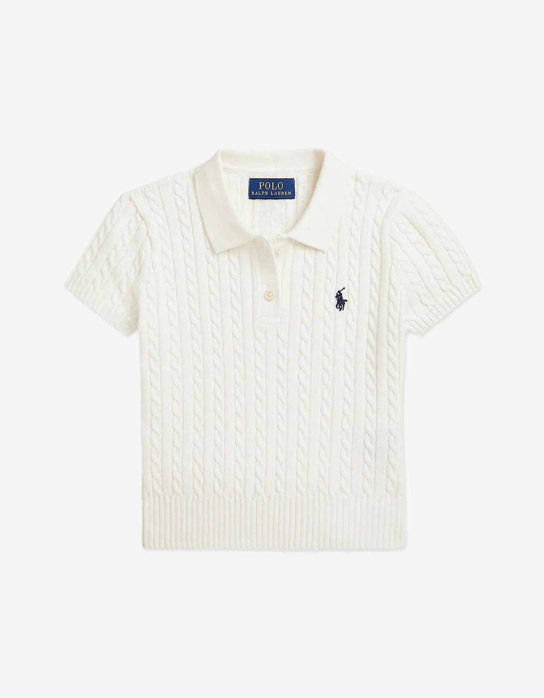 Girls Cable Knit Polo Shirt in White, 5 of 4