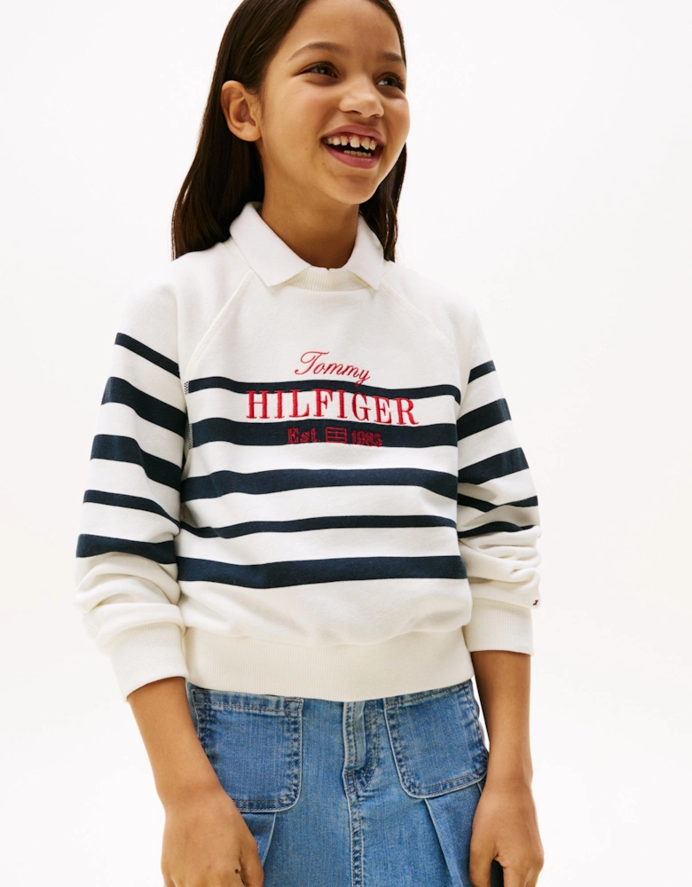 Girls Striped Logo Sweatshirt in Navy