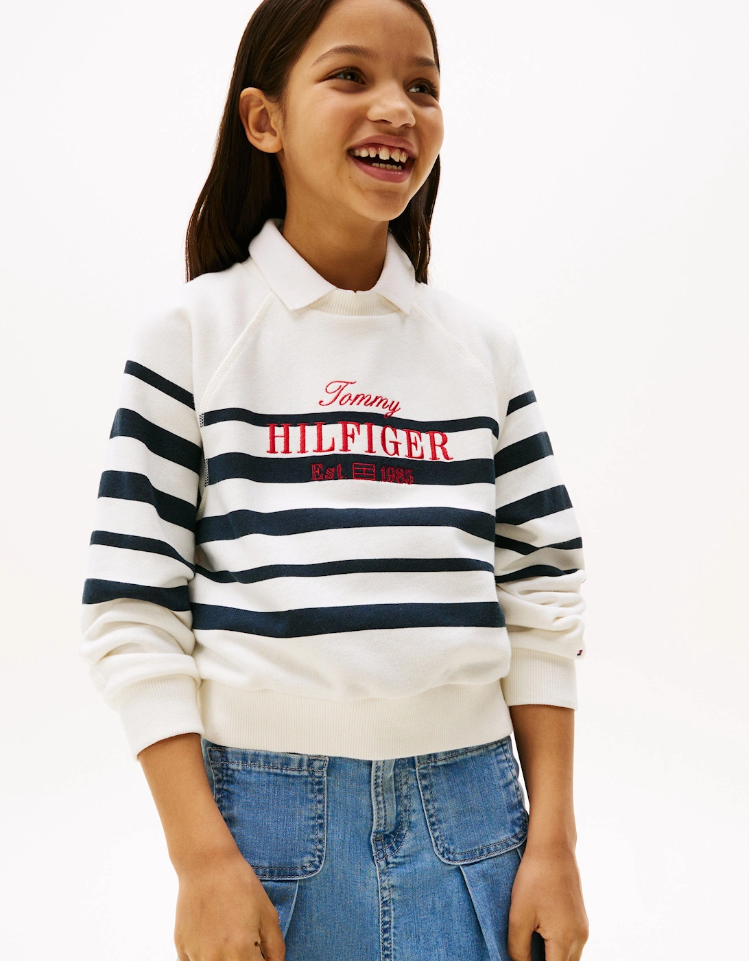Girls Striped Logo Sweatshirt in Navy
