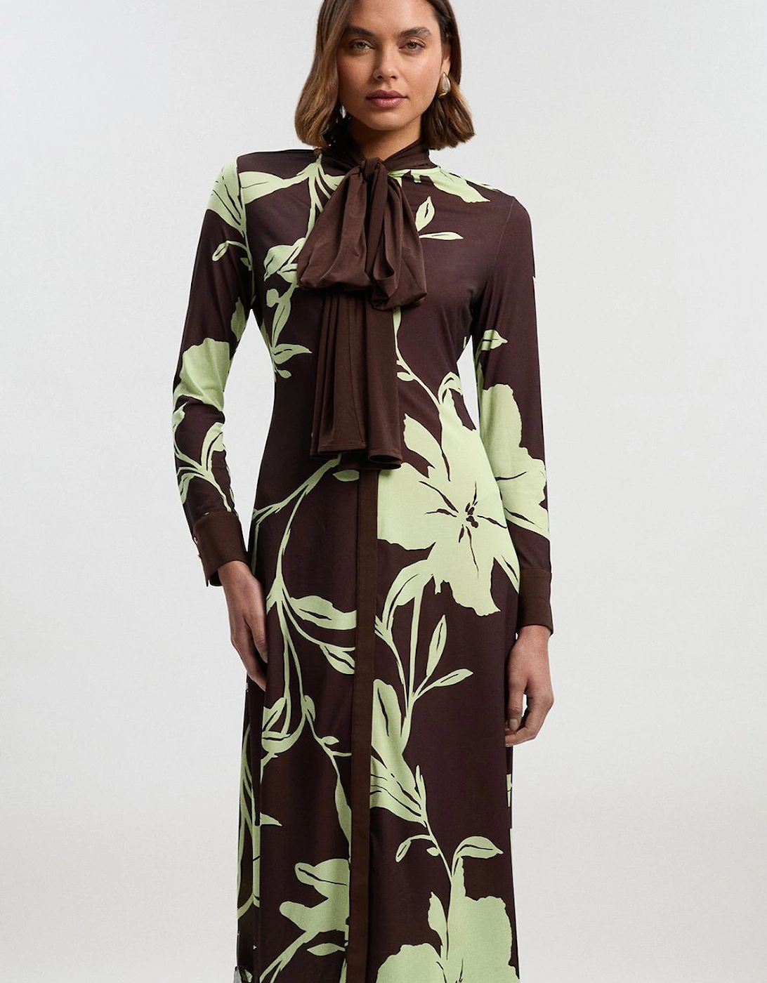 Floral Print Bow Detail Ruched Long Sleeve Crepe Maxi Dress, 2 of 1