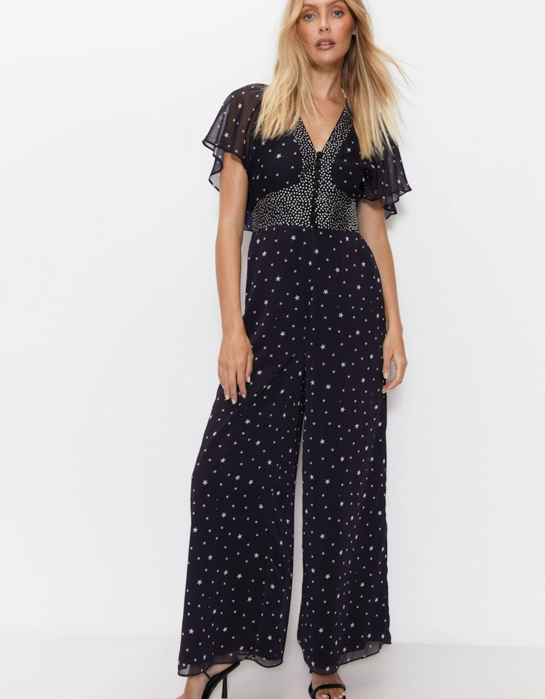 Diamante Star Print Short Sleeve Jumpsuit