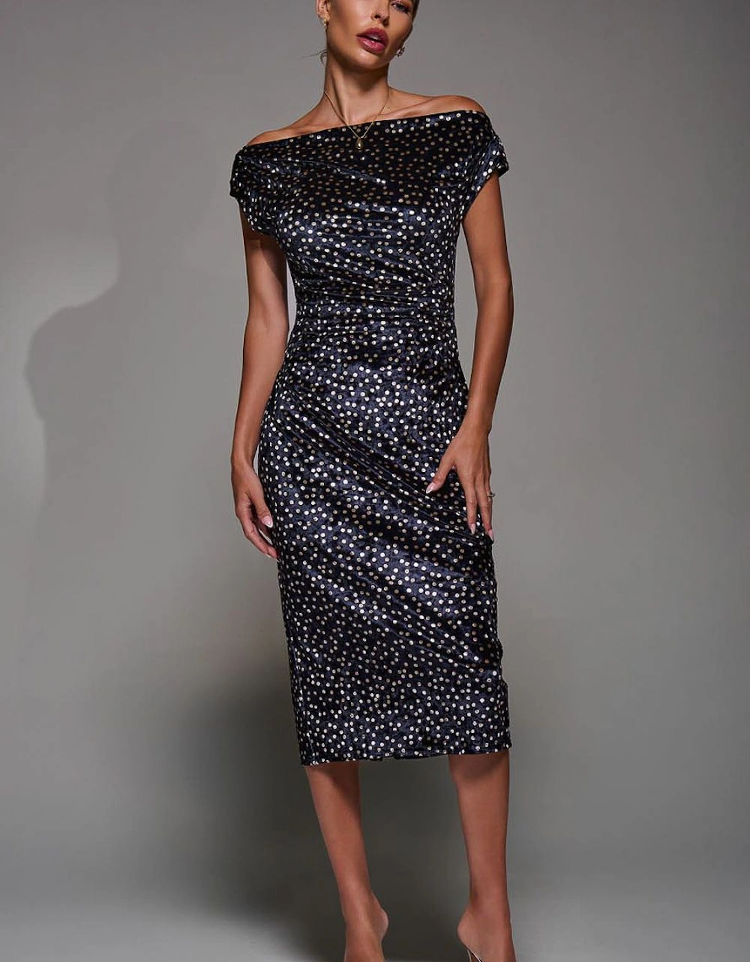 Velvet Print Ruched Bodycon Dress, 2 of 1