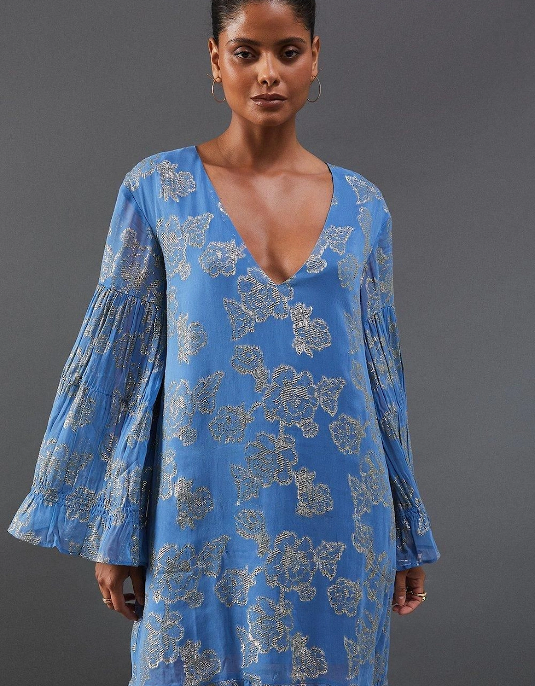 Metallic Georgette V Plunge Frill Swing Dress, 2 of 1