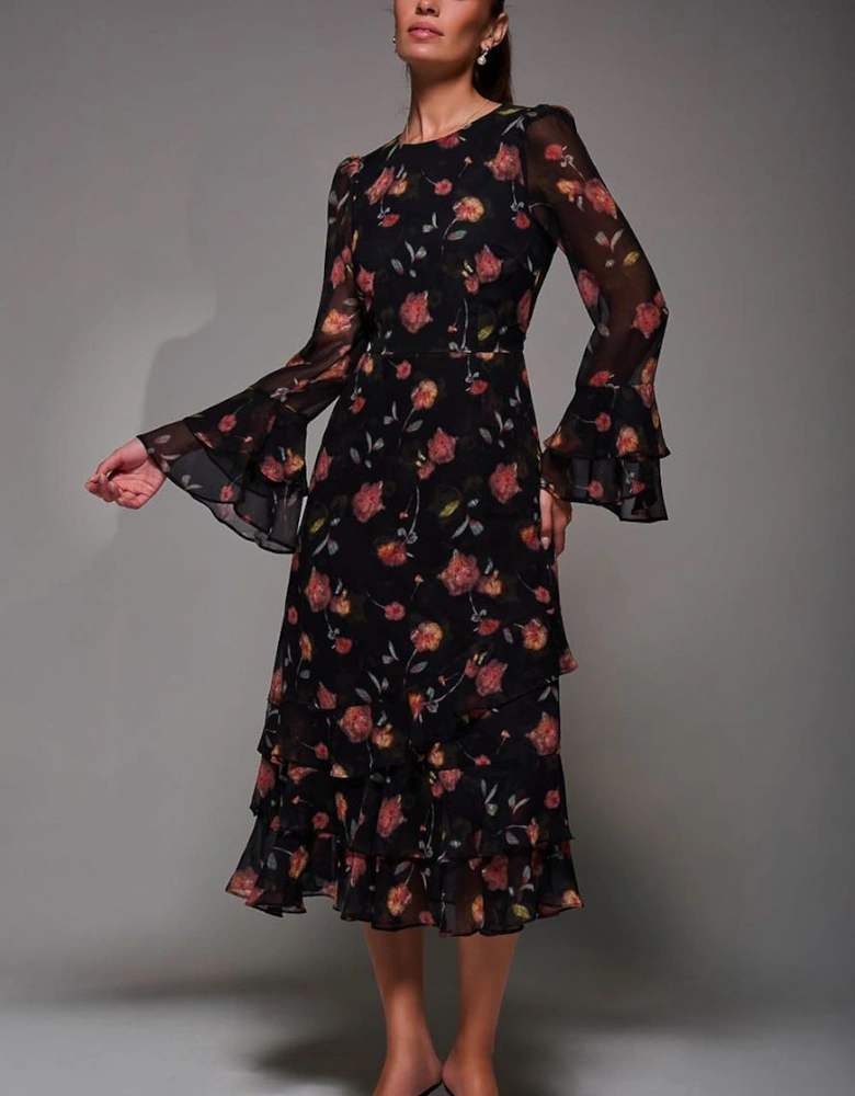 Long Sleeve Frill Chiffon Midaxi Dress