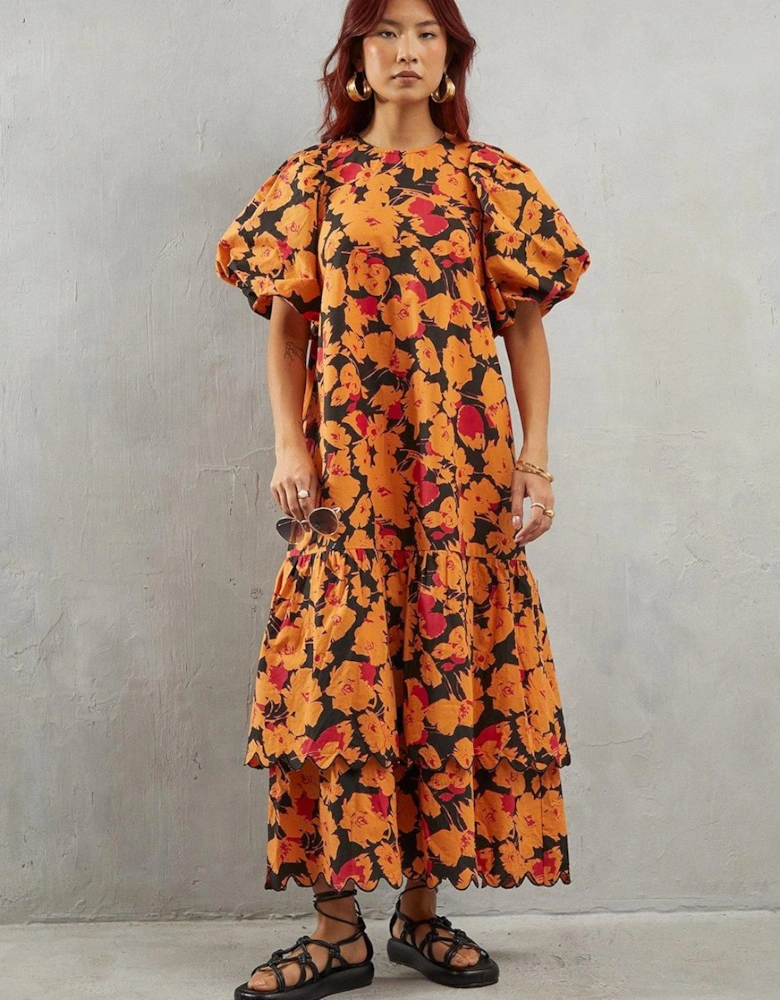 Poplin Orange Floral Print Volume Sleeve Scallop Detail Smock Dress