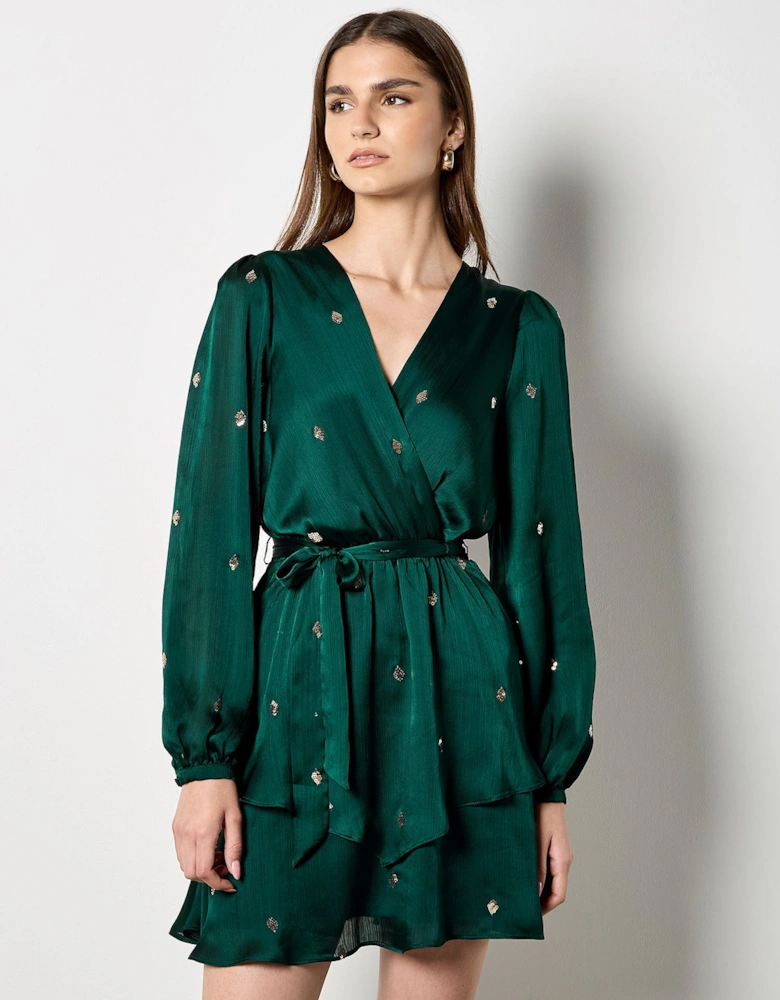 Sequin Spot Satin Wrap Mini Dress