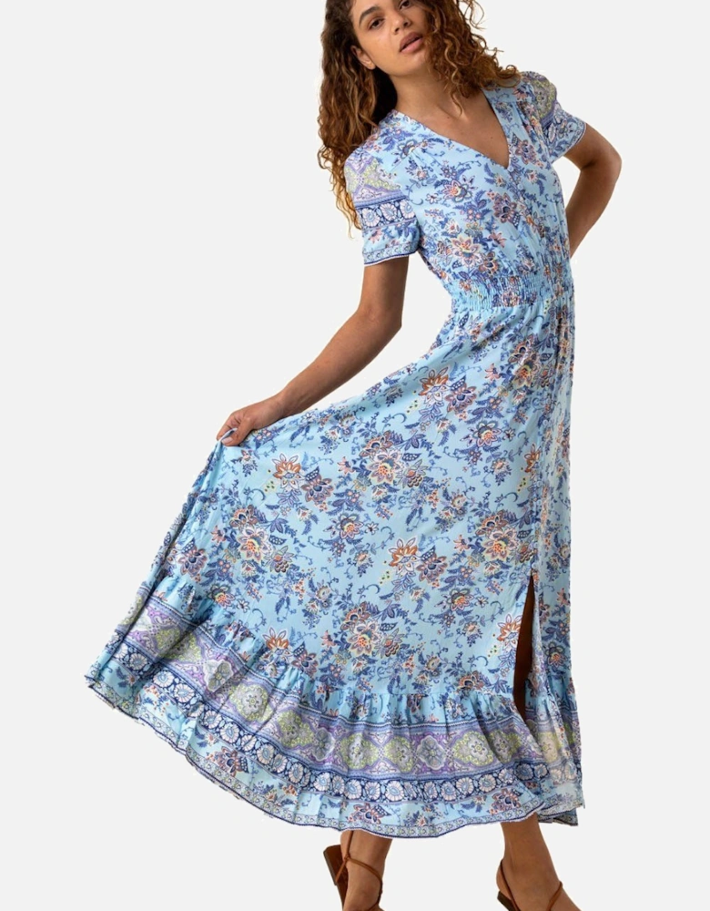Floral Print Shirred Waist Maxi Dress