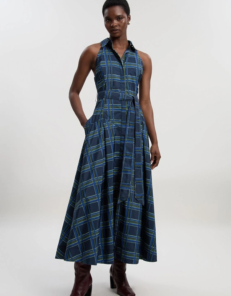 Check Print Taffeta Belted Woven Maxi Shirt Dress