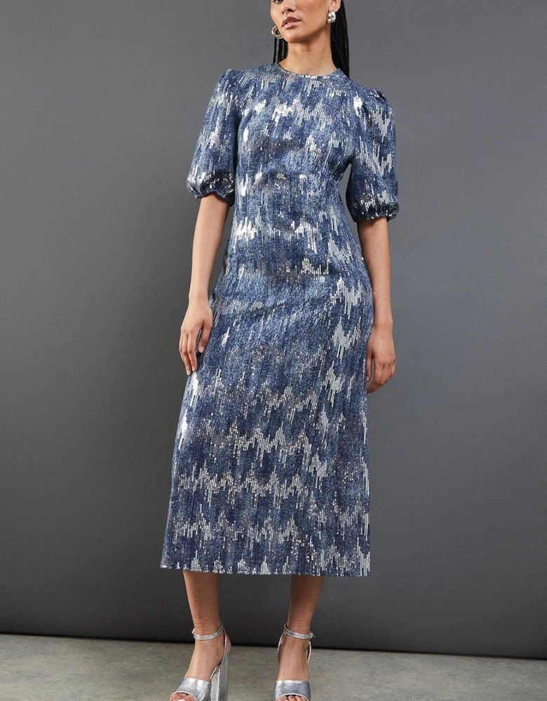 Premium Sequin Denim Fitted Puff Sleeve Midi Dress